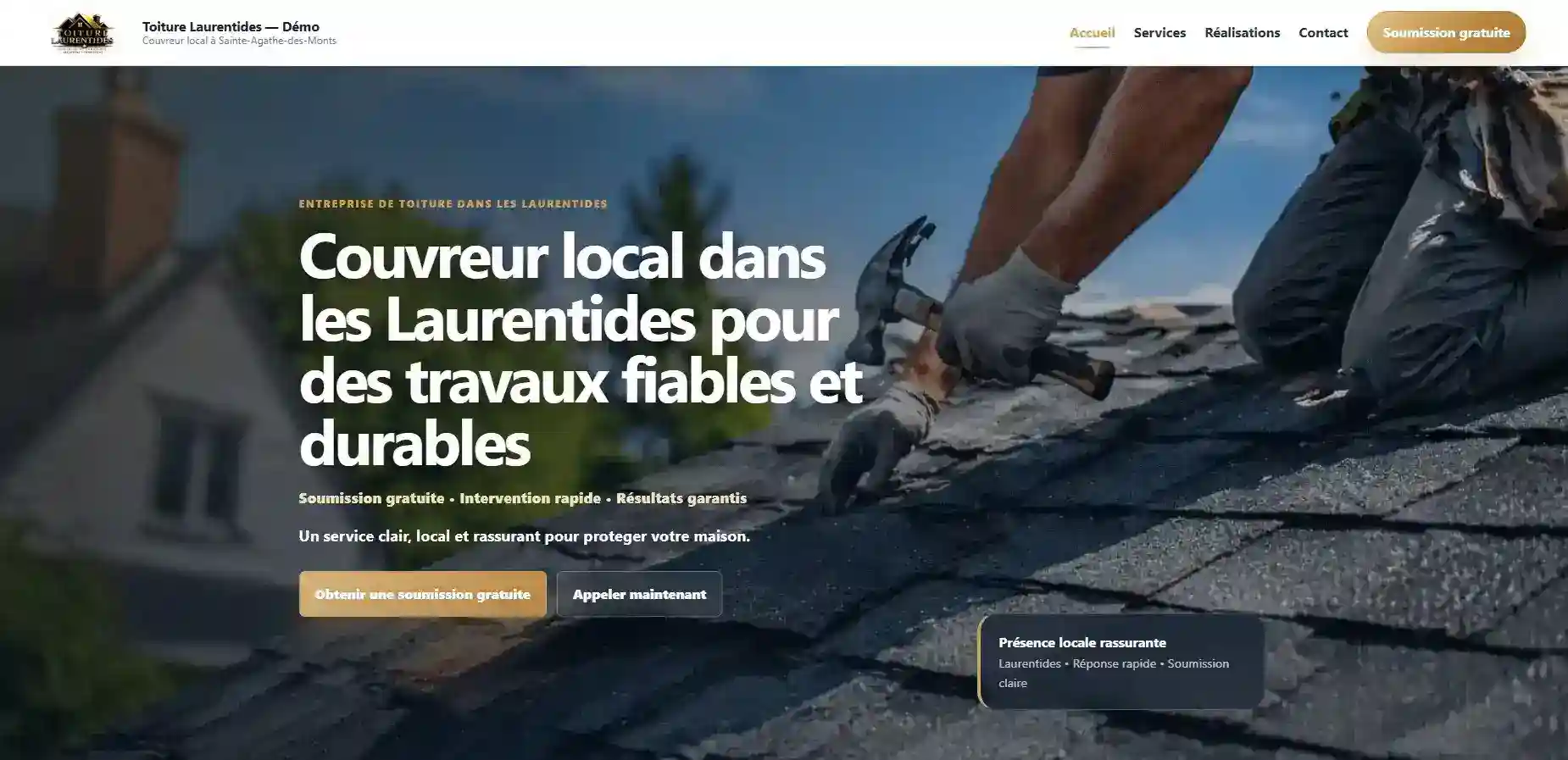 Site vitrine local Toiture Laurentides avec bannière claire et sections de services