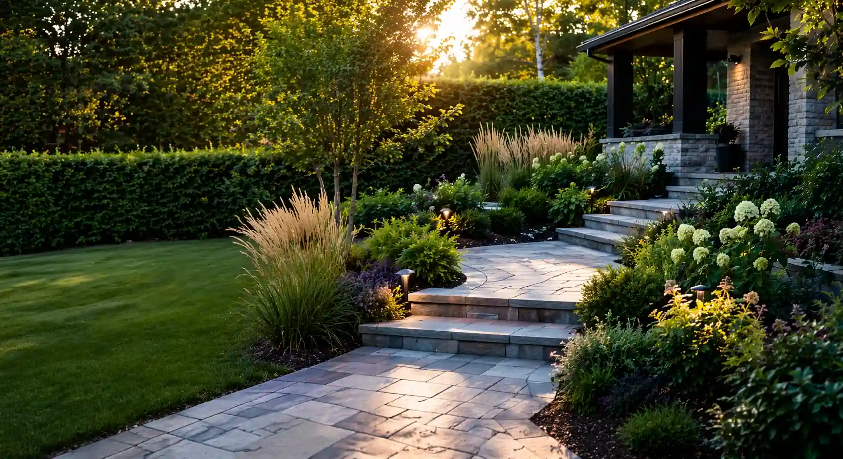 Aménagement paysager haut de gamme avec verdure et cour extérieure