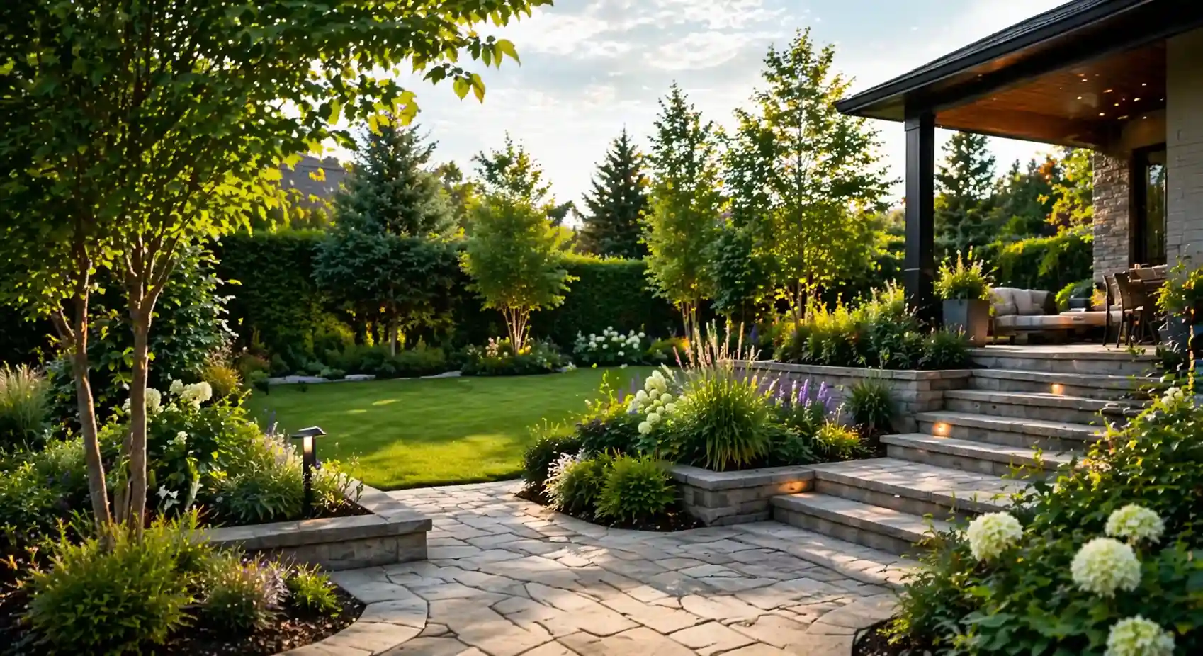 Jardin paysager premium avec terrasse et végétation